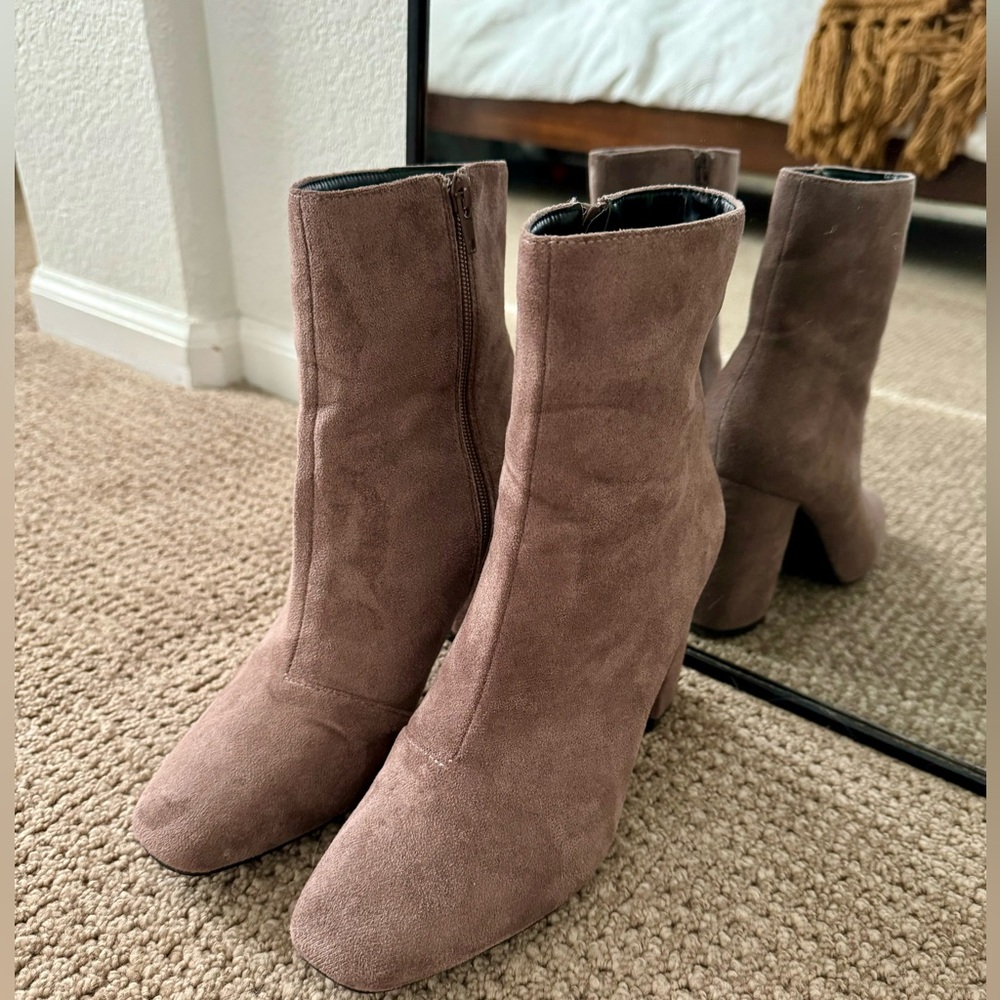 Taupe Suede High Heel Mid-Calf Boots (7.5)